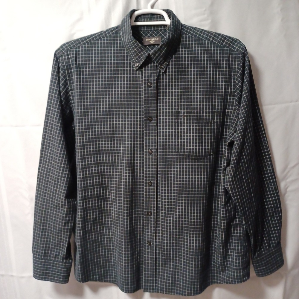 Dockers Button Down Shirt Mens XL Navy‎ Blue Windowpane Plaid Long Sleeve Pocket